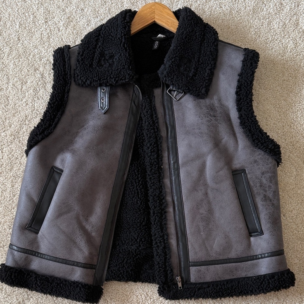 H&M Black and Gray Shearling Vest